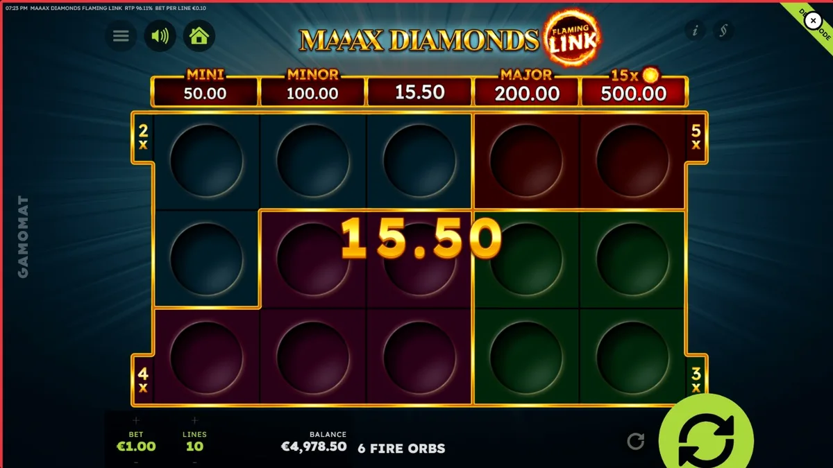 Maaax Diamonds Flaming Link slot machine interface with fiery diamond symbols