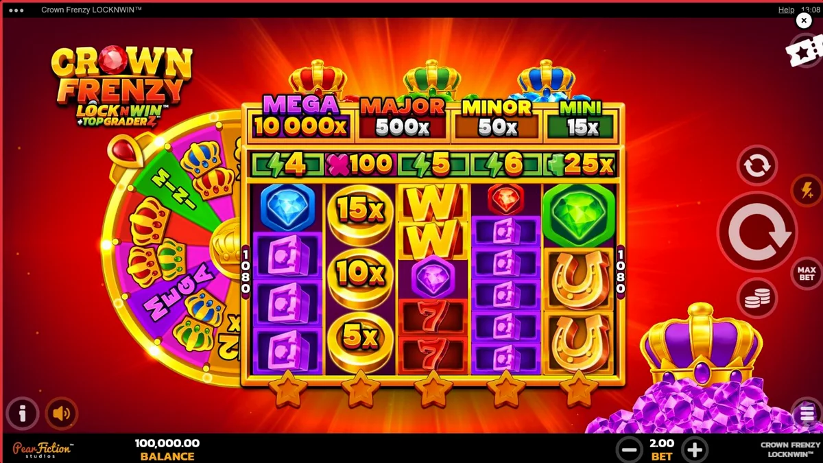 Tampilan visual slot Crown Frenzy LockNWin dengan tema kerajaan dan permata